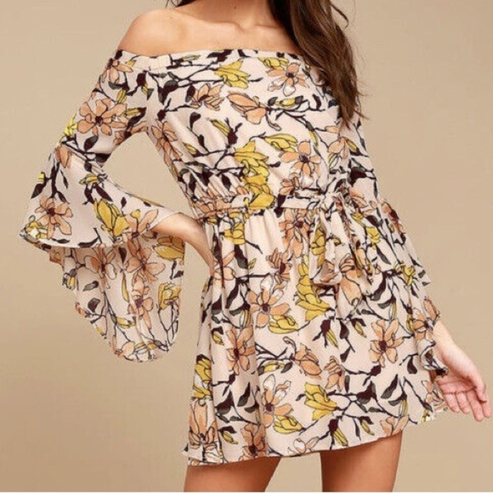 Lulus Women S Bell Sleeves Blushing Blooms Blush Floral Off The Shoulder Dress